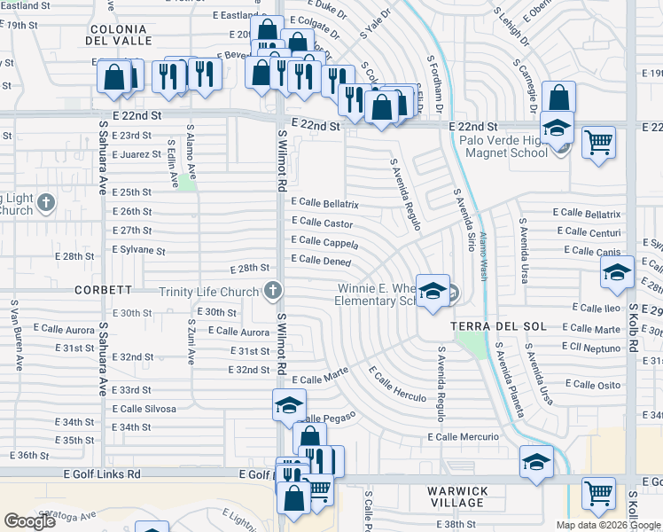 map of restaurants, bars, coffee shops, grocery stores, and more near 6349 East Calle Herculo in Tucson