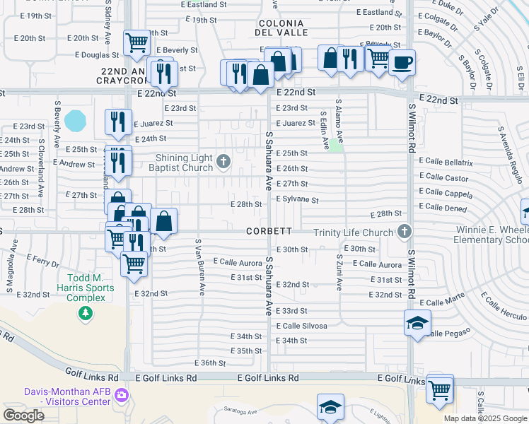 map of restaurants, bars, coffee shops, grocery stores, and more near 1842 South Teachers Row Lane in Tucson