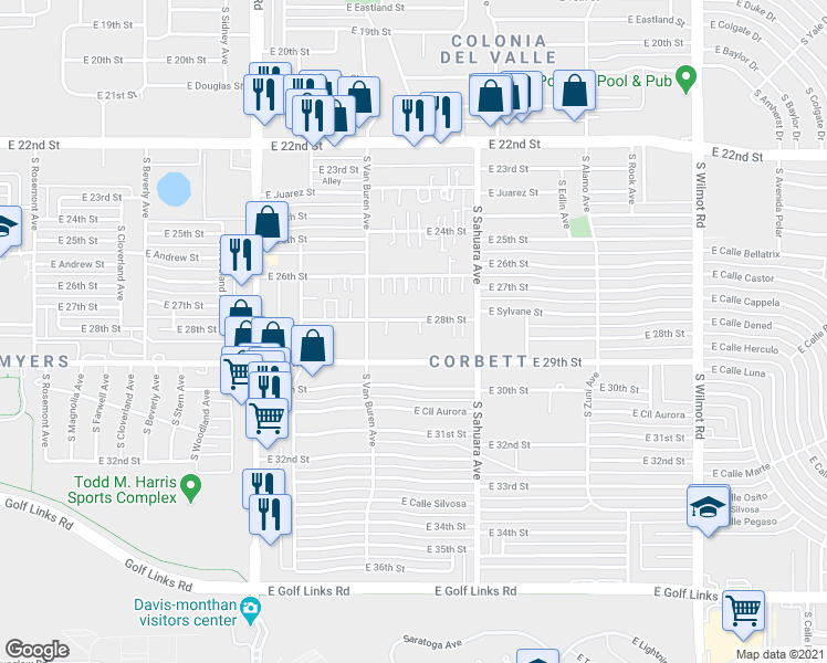 map of restaurants, bars, coffee shops, grocery stores, and more near 5728 East 28th Street in Tucson