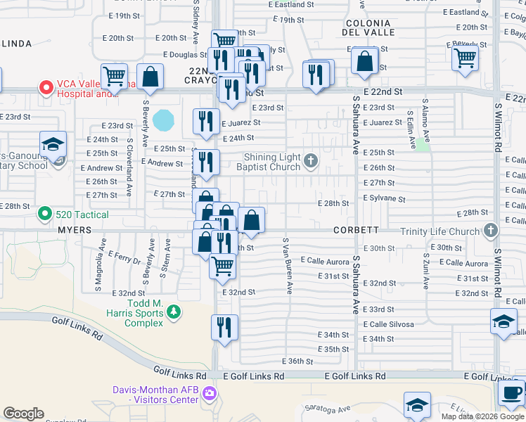 map of restaurants, bars, coffee shops, grocery stores, and more near 5630 East 28th Street in Tucson