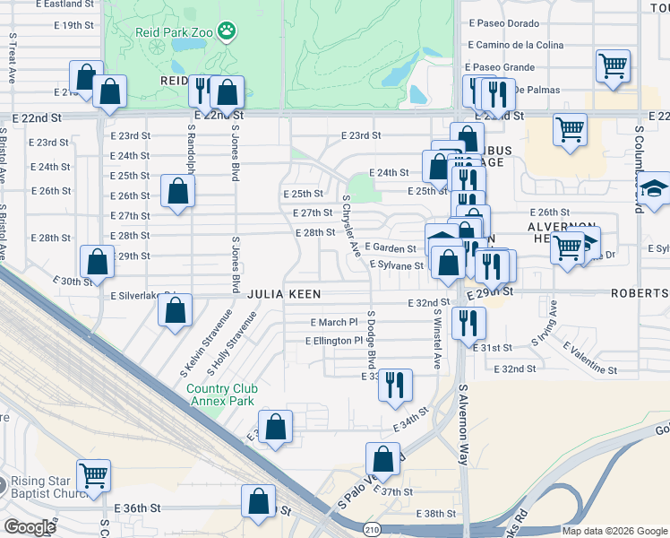 map of restaurants, bars, coffee shops, grocery stores, and more near 1761 Richey Avenue in Tucson