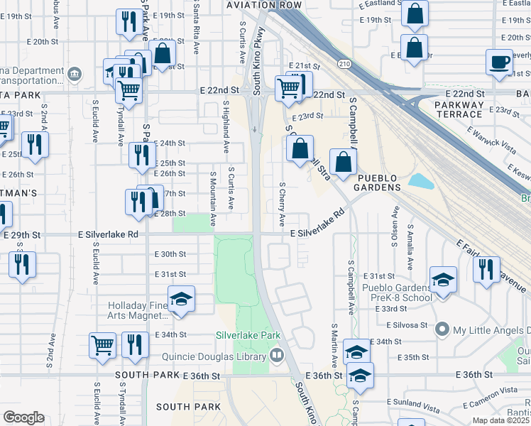 map of restaurants, bars, coffee shops, grocery stores, and more near 1506 East 28th Street in Tucson