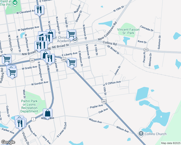 map of restaurants, bars, coffee shops, grocery stores, and more near 252 South Monroe Street in Lyons