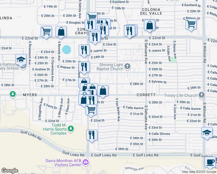 map of restaurants, bars, coffee shops, grocery stores, and more near 5630 East 28th Street in Tucson