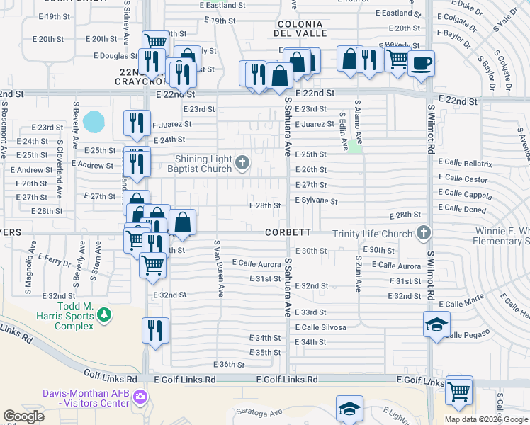 map of restaurants, bars, coffee shops, grocery stores, and more near 5818 East 28th Street in Tucson