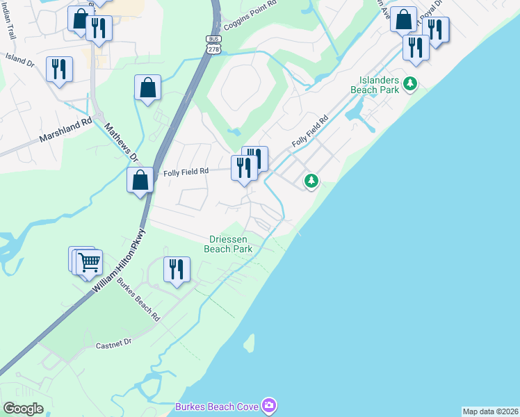 map of restaurants, bars, coffee shops, grocery stores, and more near in Hilton Head Island