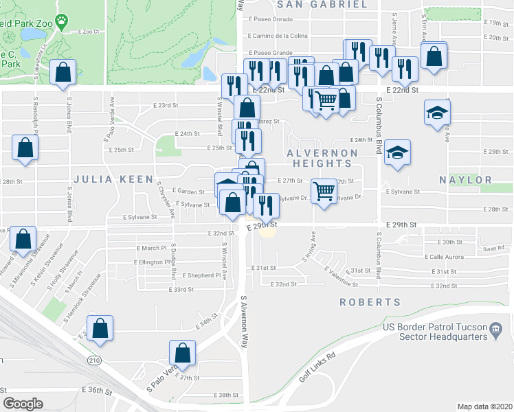 map of restaurants, bars, coffee shops, grocery stores, and more near 3941 East 29th Street in Tucson