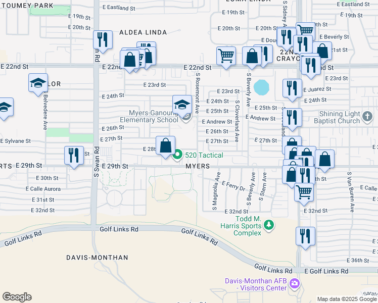 map of restaurants, bars, coffee shops, grocery stores, and more near 5050 East 28th Street in Tucson