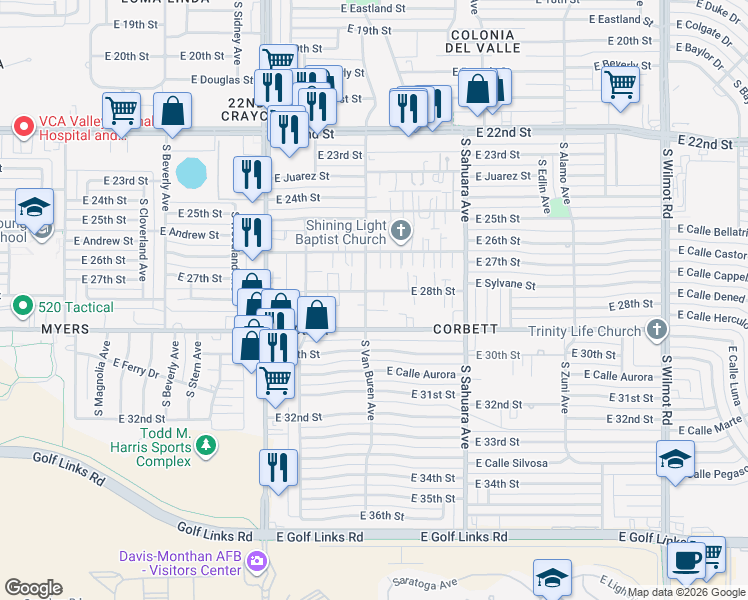 map of restaurants, bars, coffee shops, grocery stores, and more near 1814 South Van Buren Avenue in Tucson