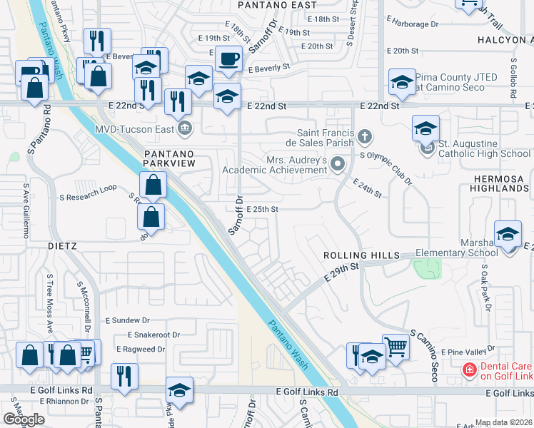 map of restaurants, bars, coffee shops, grocery stores, and more near 1751 South Avenue Sosegado in Tucson
