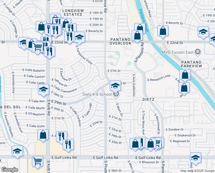 map of restaurants, bars, coffee shops, grocery stores, and more near 7512 East 29th Street in Tucson