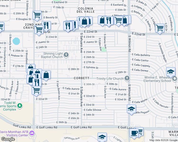 map of restaurants, bars, coffee shops, grocery stores, and more near 5949 East 29th Street in Tucson