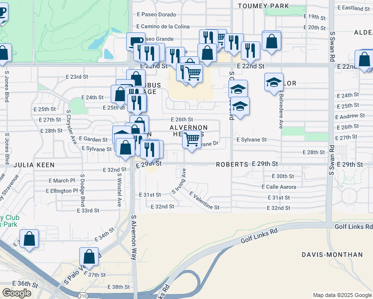 map of restaurants, bars, coffee shops, grocery stores, and more near 4055 East 29th Street in Tucson