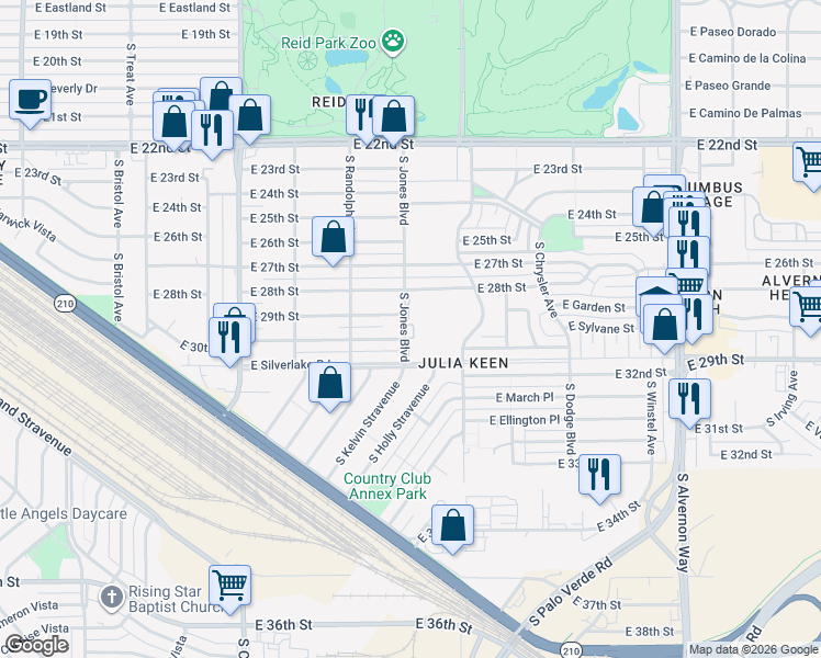 map of restaurants, bars, coffee shops, grocery stores, and more near 3373 East 30th Street in Tucson