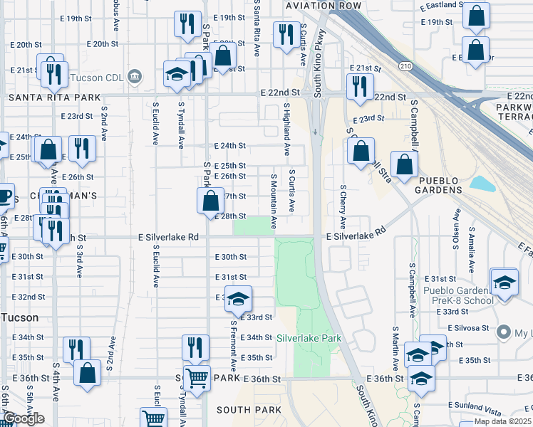 map of restaurants, bars, coffee shops, grocery stores, and more near 1801 South Mountain Avenue in Tucson