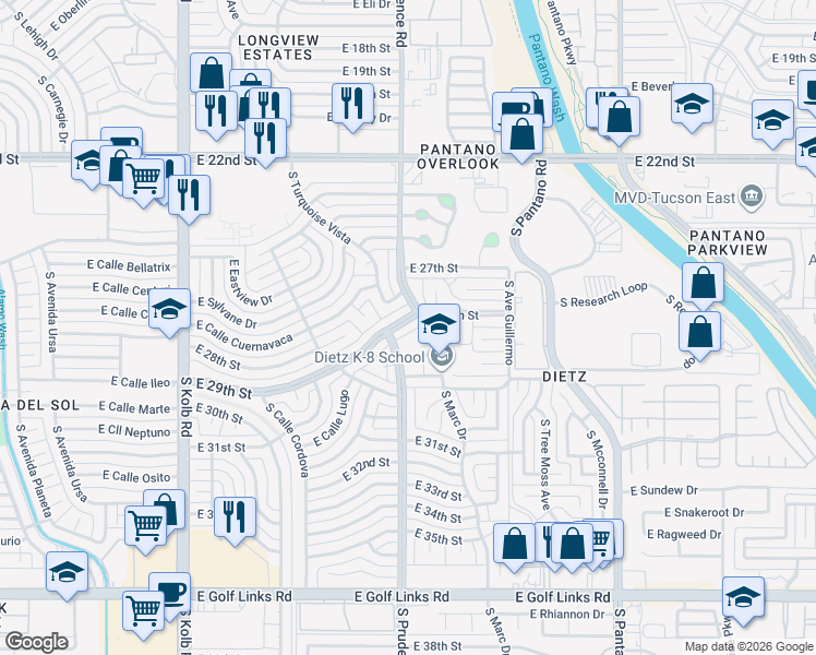 map of restaurants, bars, coffee shops, grocery stores, and more near 7512 East 29th Street in Tucson