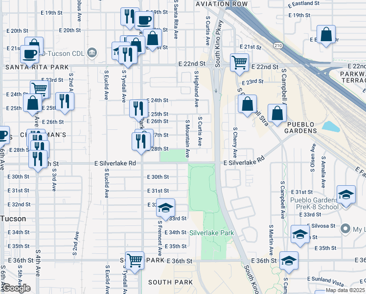 map of restaurants, bars, coffee shops, grocery stores, and more near 1801 South Mountain Avenue in Tucson