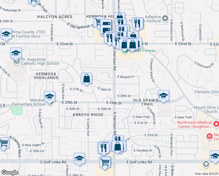map of restaurants, bars, coffee shops, grocery stores, and more near 9468 East 26th Street in Tucson