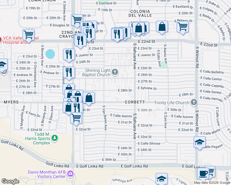 map of restaurants, bars, coffee shops, grocery stores, and more near 5728 East 28th Street in Tucson