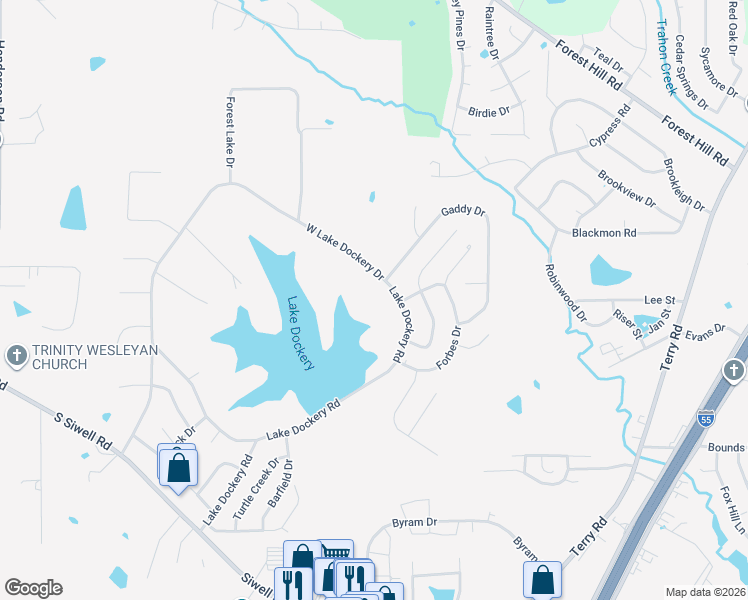 map of restaurants, bars, coffee shops, grocery stores, and more near 405 Lake Dockery Road in Byram