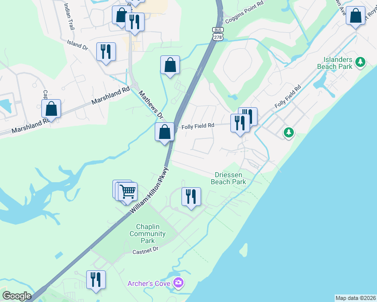 map of restaurants, bars, coffee shops, grocery stores, and more near 67 Sandcastle Court in Hilton Head Island