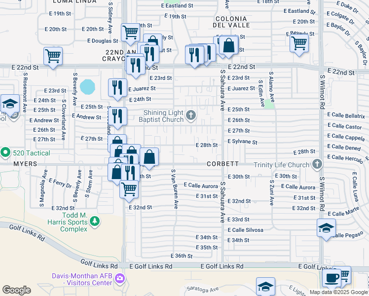 map of restaurants, bars, coffee shops, grocery stores, and more near 5728 East 28th Street in Tucson