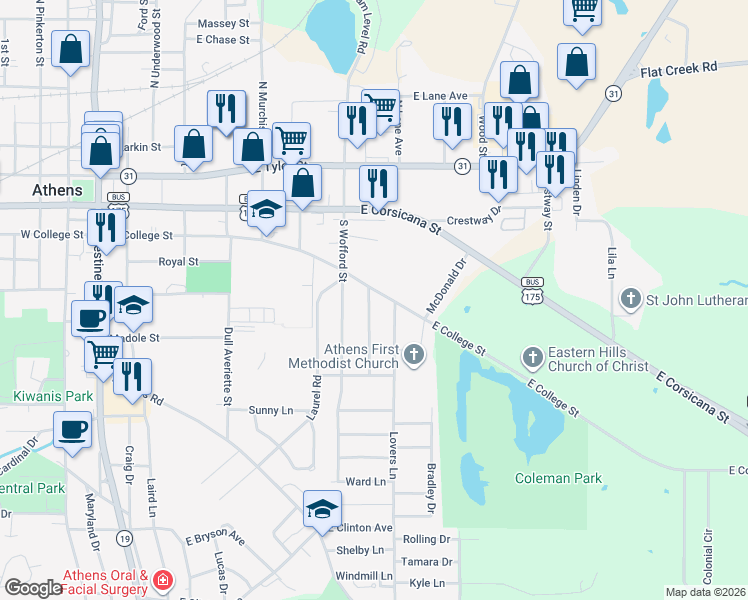 map of restaurants, bars, coffee shops, grocery stores, and more near 206 Reierson Avenue in Athens