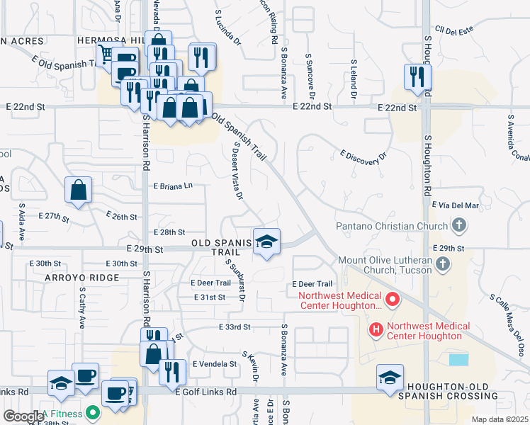 map of restaurants, bars, coffee shops, grocery stores, and more near 1781 South Desert Vista Drive in Tucson