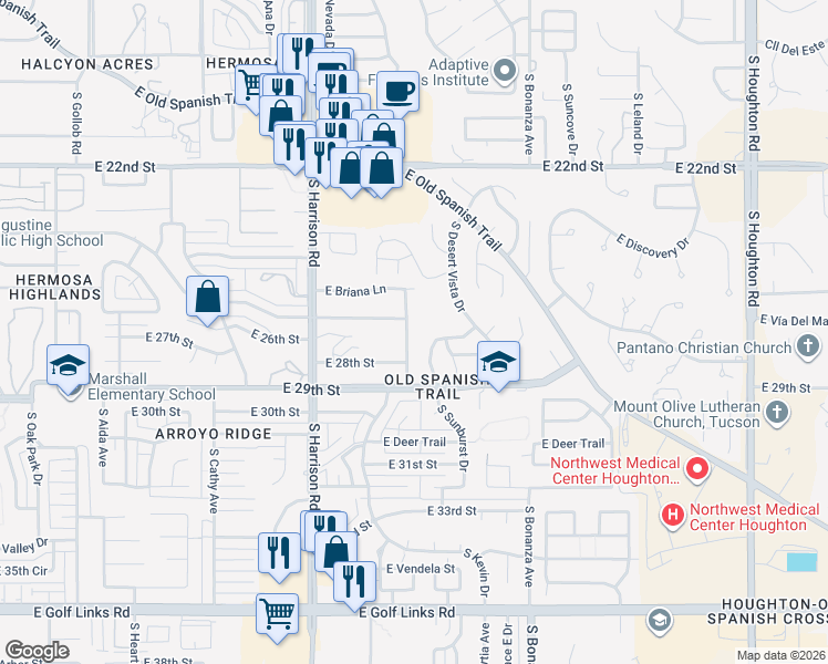 map of restaurants, bars, coffee shops, grocery stores, and more near 1731 South Kevin Drive in Tucson
