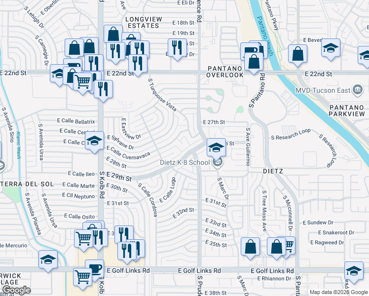 map of restaurants, bars, coffee shops, grocery stores, and more near 7437 East 29th Street in Tucson