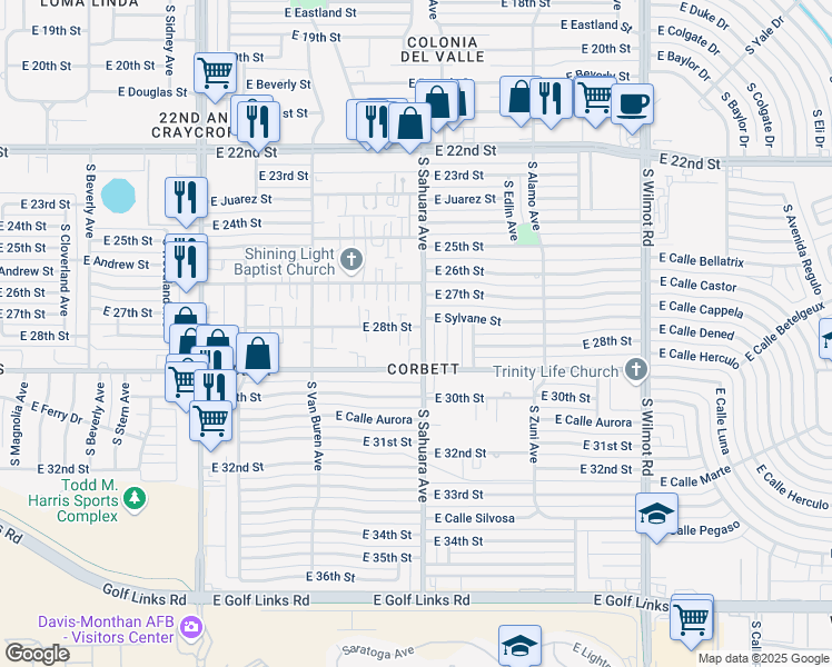 map of restaurants, bars, coffee shops, grocery stores, and more near 1842 South Teachers Row Lane in Tucson