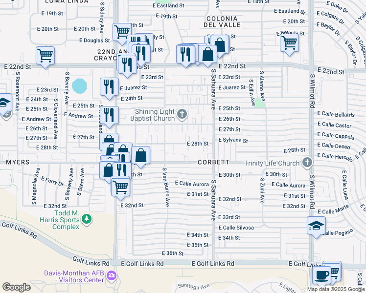 map of restaurants, bars, coffee shops, grocery stores, and more near 5728 East 28th Street in Tucson