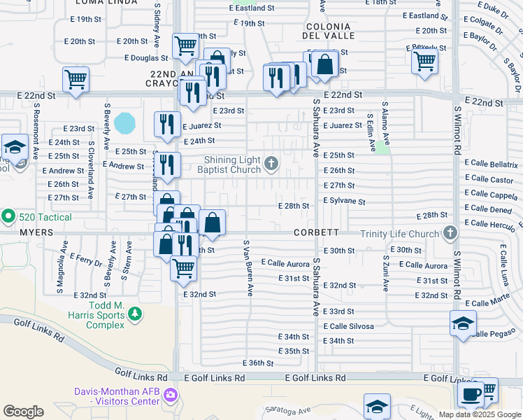 map of restaurants, bars, coffee shops, grocery stores, and more near 5728 East 28th Street in Tucson