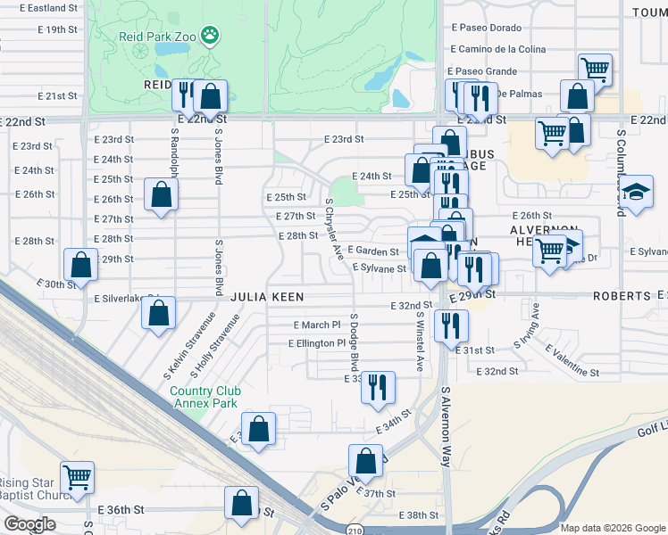 map of restaurants, bars, coffee shops, grocery stores, and more near 3655 East Sylvane Street in Tucson
