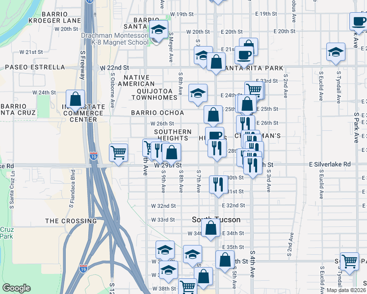 map of restaurants, bars, coffee shops, grocery stores, and more near 145 West 28th Street in Tucson