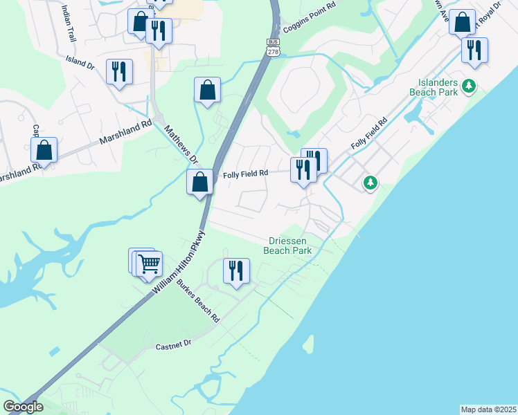 map of restaurants, bars, coffee shops, grocery stores, and more near 49 Sandcastle Court in Hilton Head Island