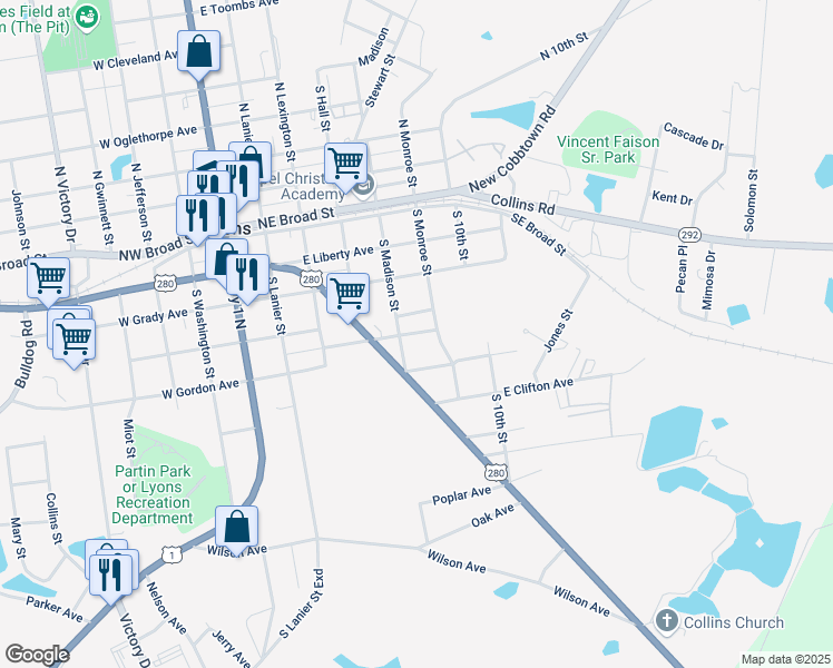 map of restaurants, bars, coffee shops, grocery stores, and more near 252 South Monroe Street in Lyons