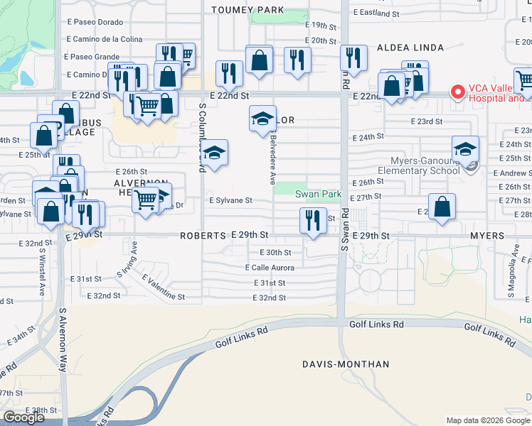 map of restaurants, bars, coffee shops, grocery stores, and more near 4502 East 28th Street in Tucson