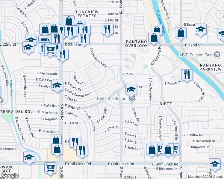map of restaurants, bars, coffee shops, grocery stores, and more near 7437 East 29th Street in Tucson
