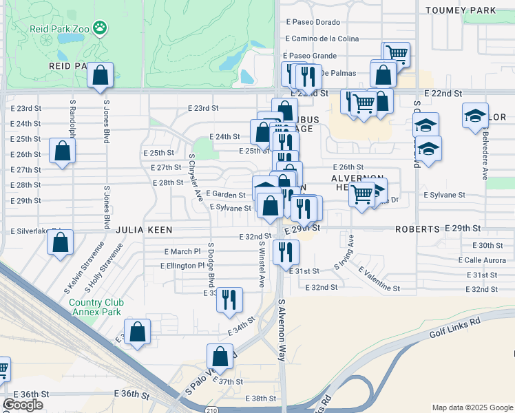 map of restaurants, bars, coffee shops, grocery stores, and more near 1727 South Winstel Avenue in Tucson