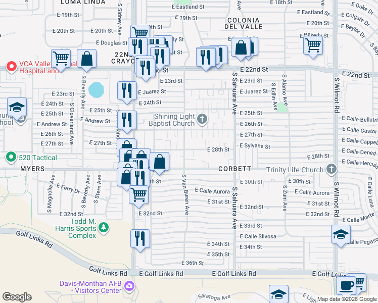 map of restaurants, bars, coffee shops, grocery stores, and more near 1801 South Van Buren Avenue in Tucson