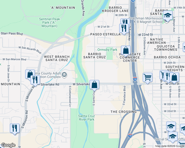 map of restaurants, bars, coffee shops, grocery stores, and more near 1804 South Santa Cruz Lane in Tucson