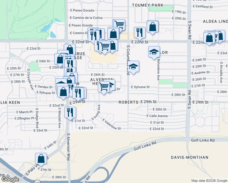 map of restaurants, bars, coffee shops, grocery stores, and more near 4202 East Sylvane Drive in Tucson