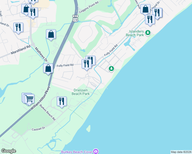 map of restaurants, bars, coffee shops, grocery stores, and more near 40 Folly Field Road in Hilton Head Island