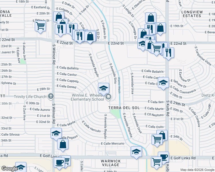 map of restaurants, bars, coffee shops, grocery stores, and more near 1718 South Avenida Del Sol in Tucson
