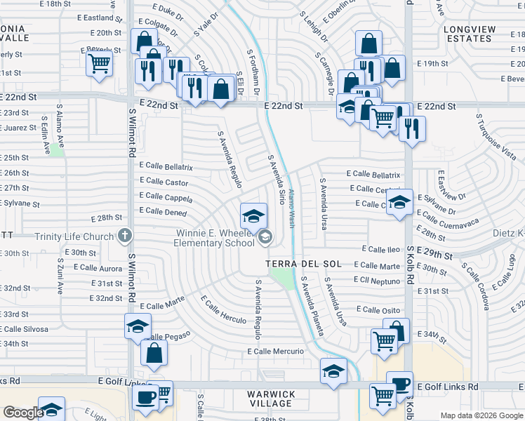 map of restaurants, bars, coffee shops, grocery stores, and more near 1718 South Avenida Del Sol in Tucson