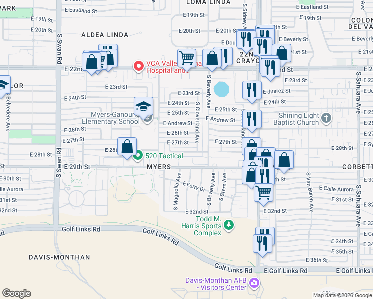 map of restaurants, bars, coffee shops, grocery stores, and more near 5200 East 28th Street in Tucson