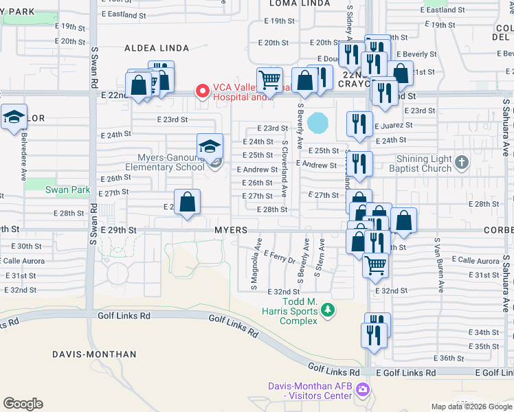 map of restaurants, bars, coffee shops, grocery stores, and more near 5200 East 28th Street in Tucson