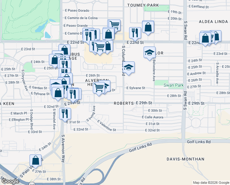 map of restaurants, bars, coffee shops, grocery stores, and more near 4255 East 29th Street in Tucson