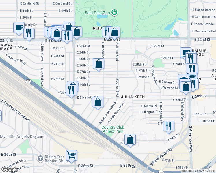 map of restaurants, bars, coffee shops, grocery stores, and more near 3311 East 30th Street in Tucson